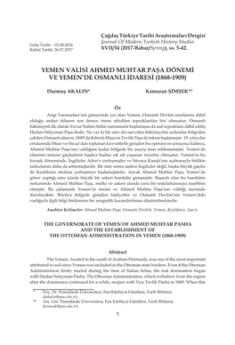 Yemen Valisi Ahmed Muhtar Paşa Dönemi Ve Yemen’De Osmanli Idaresi (1868-1909)