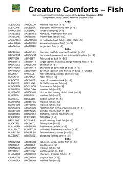 Creature Comforts – Fish Get Scoring Comfort from 8-Letter Bingos of the Animal Kingdom – FISH Compiled by Jacob Cohen, Asheville Scrabble Club