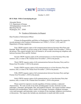 October 11, 2019 by E-Mail: FOIA-Central@Hq.Doe.Gov