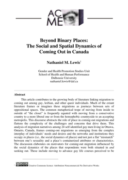 The Social and Spatial Dynamics of Coming out in Canada
