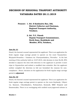 Decision of Regional Tranport Authority Vatakara Dated 20.11.2019