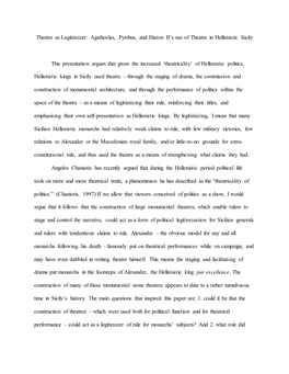 Agathocles, Pyrrhus, and Hieron II's Use of Theatre In