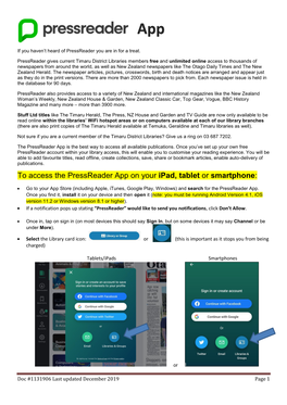 To Access the Pressreader App on Your Ipad, Tablet Or Smartphone