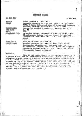 Language Research in Progress: Report No. 10, June 1970: a Cross - 