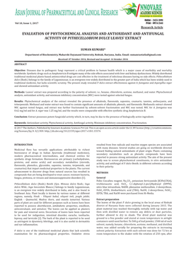 Evaluation of Phytochemical Analysis and Antioxidant and Antifungal Activity of Pithecellobium Dulce Leaves’ Extract