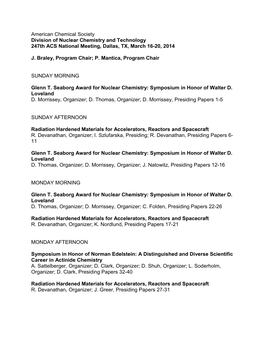 American Chemical Society Division of Nuclear Chemistry and Technology 247Th ACS National Meeting, Dallas, TX, March 16-20, 2014