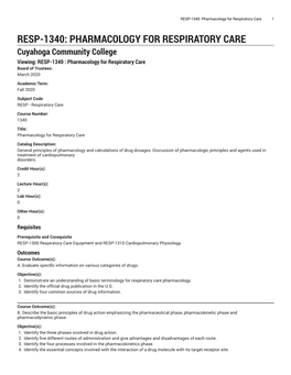 Pharmacology for Respiratory Care 1