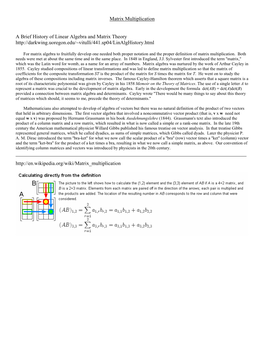 Matrix Multiplication a Brief History of Linear Algebra and Matrix Theory