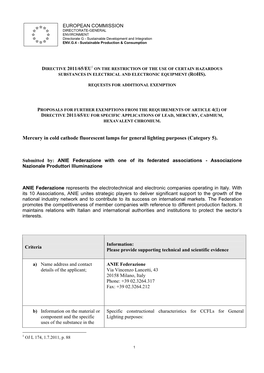 Mercury in Cold Cathode Fluorescent Lamps for General Lighting Purposes (Category 5)