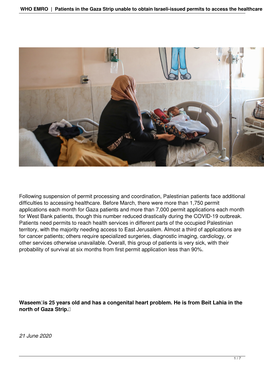 Patients in the Gaza Strip Unable to Obtain Israeli-Issued Permits to Access the Healthcare