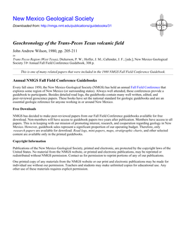 Geochronology of the Trans-Pecos Texas Volcanic Field John Andrew Wilson, 1980, Pp