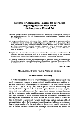 Response to Congressional Requests for Information Regarding Decisions Made Under the Independent Counsel Act