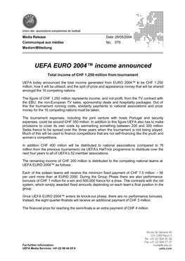 UEFA EURO 2004™ Income Announced