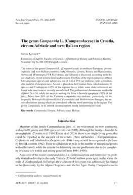 The Genus Campanula L. (Campanulaceae) in Croatia, Circum-Adriatic and West Balkan Region