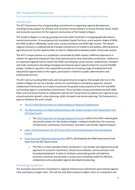 ACT Government Submission the House of Representatives Select Committee on Regional Australia: Inquiry Into Regional Australia