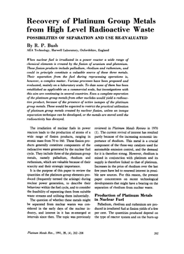 Recovery of Platinum Group Metals from High Level Radioactive Waste POSSIBILITIES of SEPARATION and USE RE-EVALUATED by R