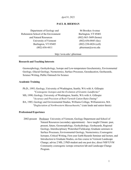 April 9, 2021 PAUL R. BIERMAN Department of Geology and 86 Brookes Avenue Rubenstein School of the Environment Burlington, VT 05