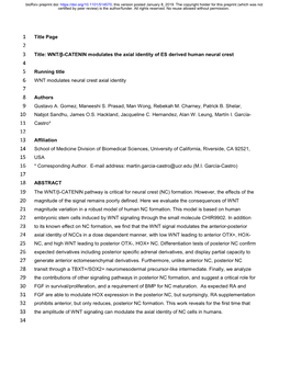 WNT/Β-CATENIN Modulates the Axial Identity of ES Derived Human Neural Crest 4 5 Running Title 6 WNT Modulates Neural Crest Axial Identity