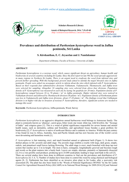 Prevalence and Distribution of Parthenium Hysterophorus Weed in Jaffna Peninsula, Sri Lanka