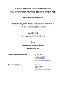 NIAC 2014 Phase I Bin Chen Final Report 3D Photocatalytic Air