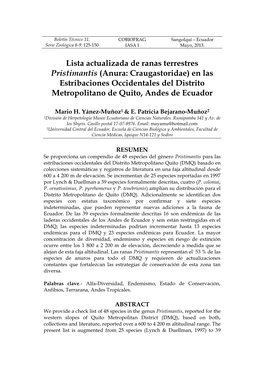 Lista Actualizada De Ranas Terrestres Pristimantis (Anura: Craugastoridae) En Las Estribaciones Occidentales Del Distrito Metropolitano De Quito, Andes De Ecuador