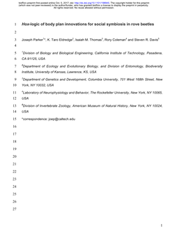 Hox-Logic of Body Plan Innovations for Social Symbiosis in Rove Beetles