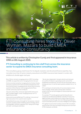 FTI Consulting Hires from EY, Oliver Wyman, Mazars to Build EMEA Insurance Consultancy