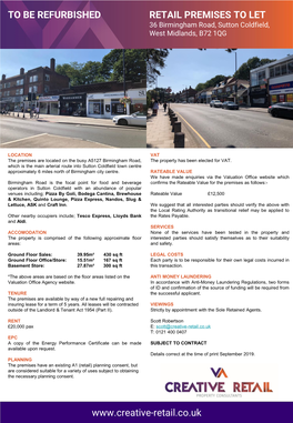 RETAIL PREMISES to LET 36 Birmingham Road, Sutton Coldfield, West Midlands, B72 1QG