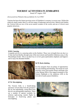 TOURIST ACTIVITIES in ZIMBABWE Issued 10Th August, 1999