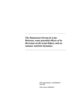 The Hamurana Stream in Lake Rotorua: Some Potential Effects of Its Diversion on the Trout Fishery and on Summer Nutrient Dynamics