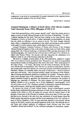 Leonard Thompson: a History of South Africa. (New Haven, London: Yale University Press, 1992).288 Pages. £ 9.95; $