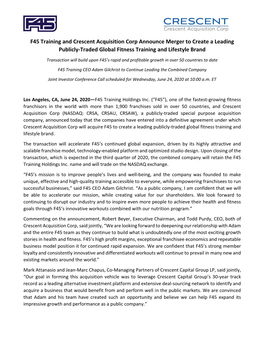 F45 Training and Crescent Acquisition Corp Announce Merger to Create a Leading Publicly-Traded Global Fitness Training and Lifestyle Brand