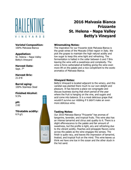 2016 Malvasia Bianca Frizzante St. Helena - Napa Valley Betty’S Vineyard