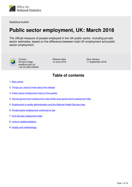 Public Sector Employment, UK: March 2018