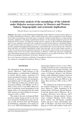 A Multivariate Analysis of the Morphology of the Colubrid Snake Malpolon Monspessulanus in Morocco and Western Sahara: Biogeographic and Systematic Implications