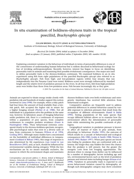 In Situ Examination of Boldness–Shyness Traits in the Tropical Poeciliid, Brachyraphis Episcopi