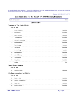 Candidate List for the March 17, 2020 Primary Elections Democratic