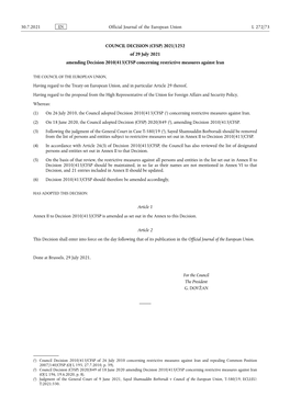 2021/1252 of 29 July 2021 Amending Decision 2010/413/CFSP Concerning Restrictive Measures Against Iran