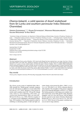 Channa Kelaartii, a Valid Species of Dwarf Snakehead from Sri Lanka and Southern Peninsular India (Teleostei: Channidae)