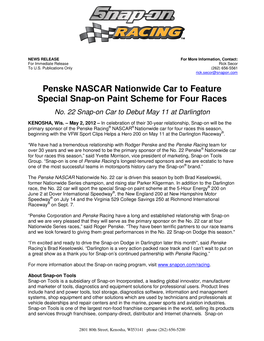 Penske NASCAR Nationwide Car to Feature Special Snap-On Paint Scheme for Four Races