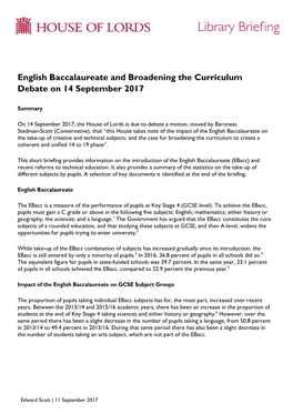 English Baccalaureate and Broadening the Curriculum Debate on 14 September 2017