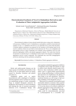 Electrochemical Synthesis of Novel 1,3-Indandione Derivatives and Evaluation of Their Antiplatelet Aggregation Activities