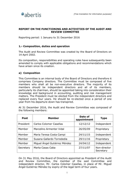 REPORT on the FUNCTIONING and ACTIVITIES of the AUDIT and REVIEW COMMITTEE Reporting Period