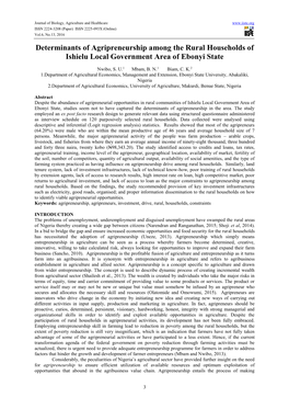 Determinants of Agripreneurship Among the Rural Households of Ishielu Local Government Area of Ebonyi State