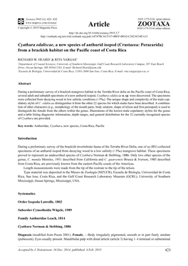 Cyathura Odaliscae, a New Species of Anthurid Isopod (Crustacea: Peracarida) from a Brackish Habitat on the Pacific Coast of Costa Rica