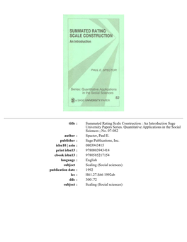 Summated Rating Scale Construction : an Introduction Sage University Papers Series