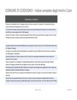 COMUNE DI CODOGNO - Indice Completo Degli Archivi Comunali