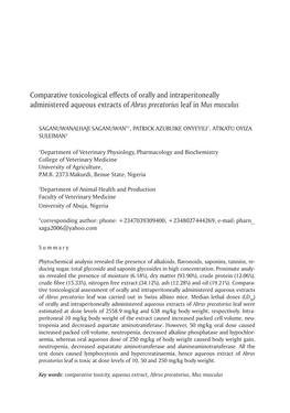 Comparative Toxicological Effects of Orally and Intraperitoneally Administered Aqueous Extracts of Abrus Precatorius Leaf in Mus Musculus