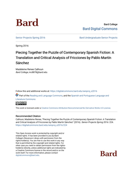 Piecing Together the Puzzle of Contemporary Spanish Fiction: a Translation and Critical Analysis of Fricciones by Pablo Martín Sánchez