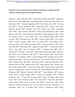 Polygenic Scores for Major Depressive Disorder and Depressive Symptoms Predict Response to Lithium in Patients with Bipolar Disorder